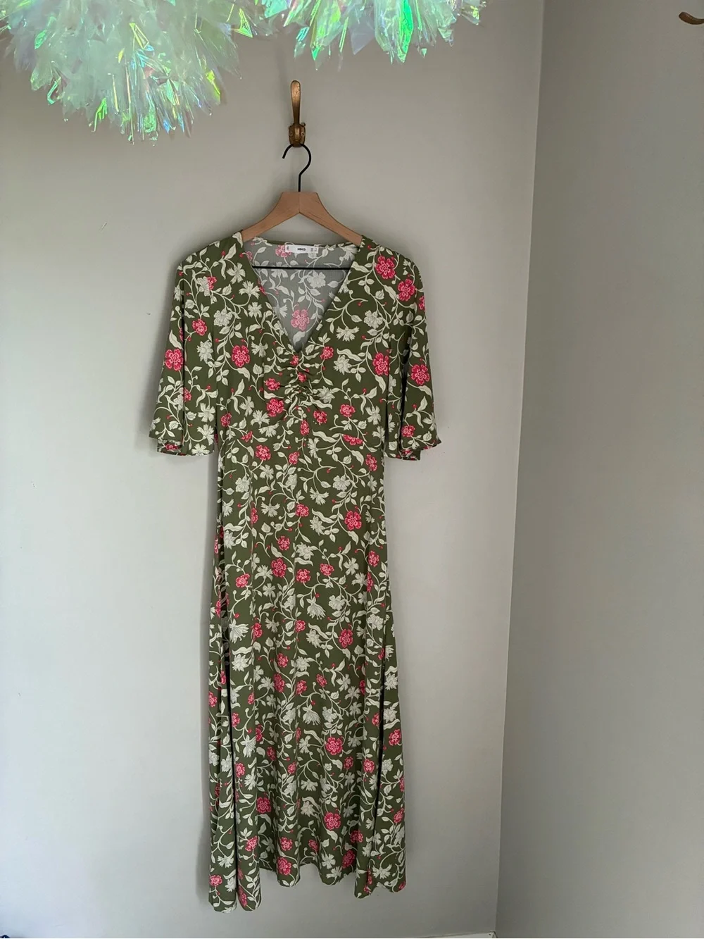 Mango Green Floral Euro Summer Midi Dress Size 4 - Picture 3 of 10